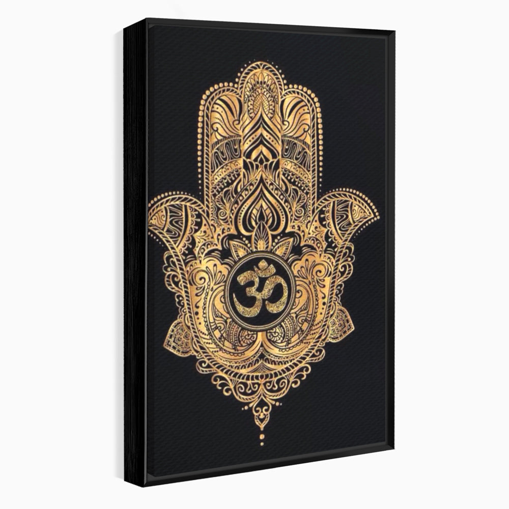 Tablou canvas cu illustratie digitala hamsa aurie, in rama de aluminiu negru